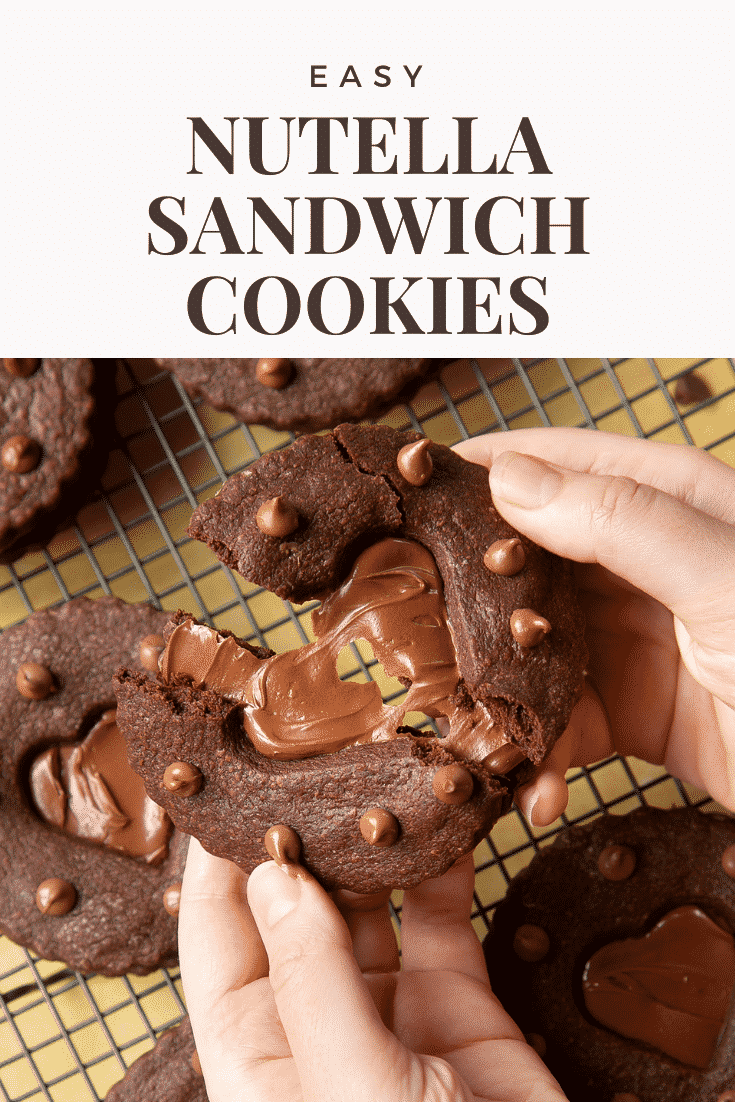 Two hands holding a Nutella sandwich cookie. The cookie is broken in half. Caption reads: Easy Nutella sandwich cookies