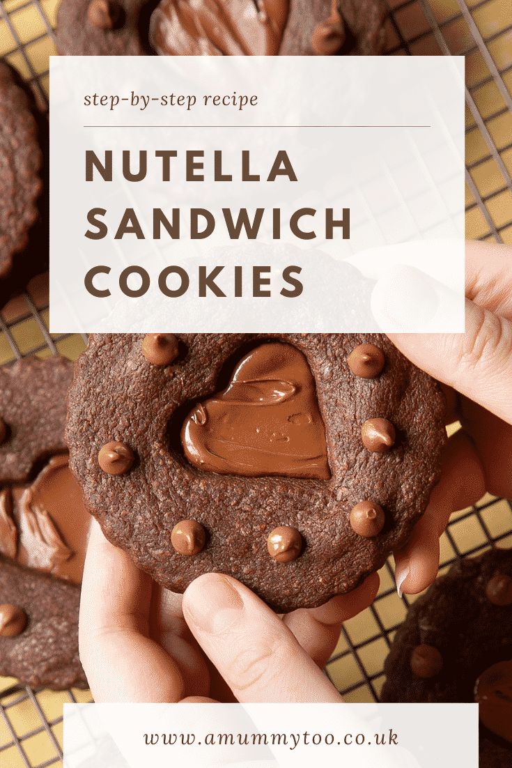 Two hands holding a Nutella sandwich cookie.  Caption reads: step-by-step Nutella sandwich cookies