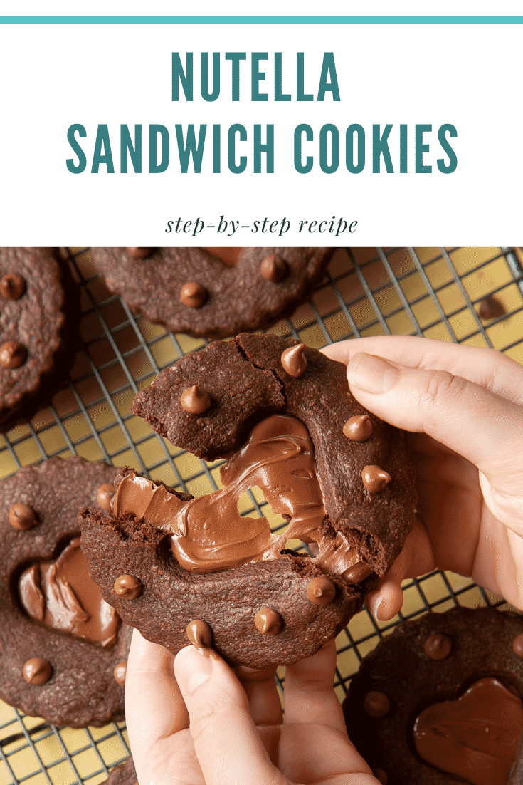 Two hands holding a Nutella sandwich cookie. The cookie is broken in half. Caption reads: Nutella sandwich cookies step-by-step recipe