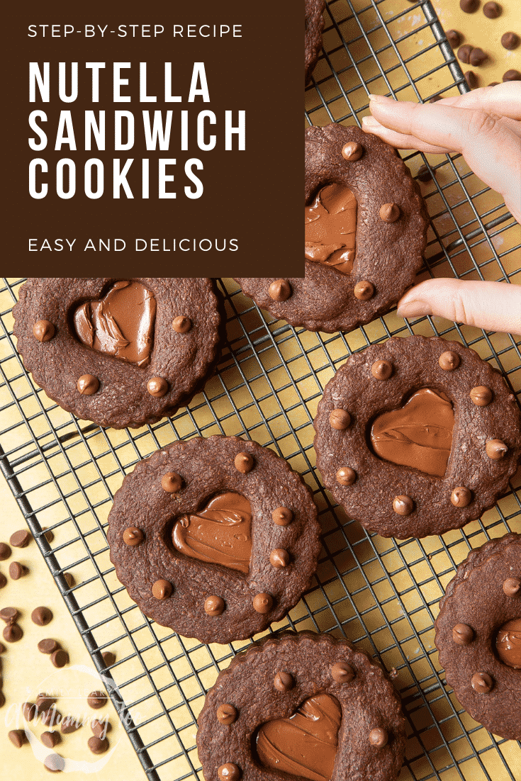 Nutella sandwich cookies on a cooling rack. A hand reaches to take one. Caption reads: step-by-step recipe Nutella sandwich cookies easy and delicious