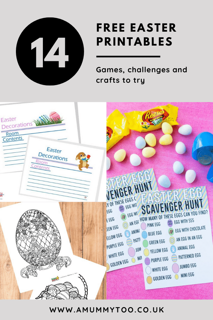 Collage of Easter printables. A text box reads: 14 free Easter printables. Games, challenges and crafts to try