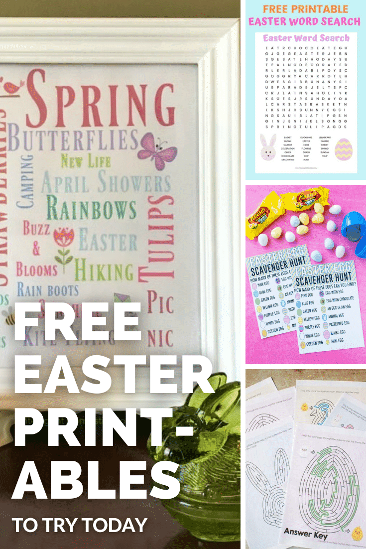 Collage of Easter printables. A text box reads: Free Easter printables.