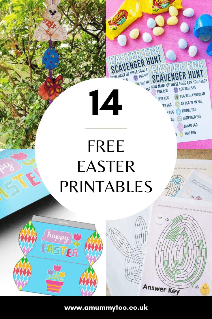 Graphic reads 14 FREE EASTER PRINTABLES with collage of photos of Easter printables