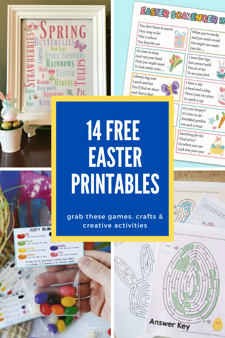 Collage of Easter printables. A text box reads: 14 Easter printables. Grab these games, crafts & creative activities