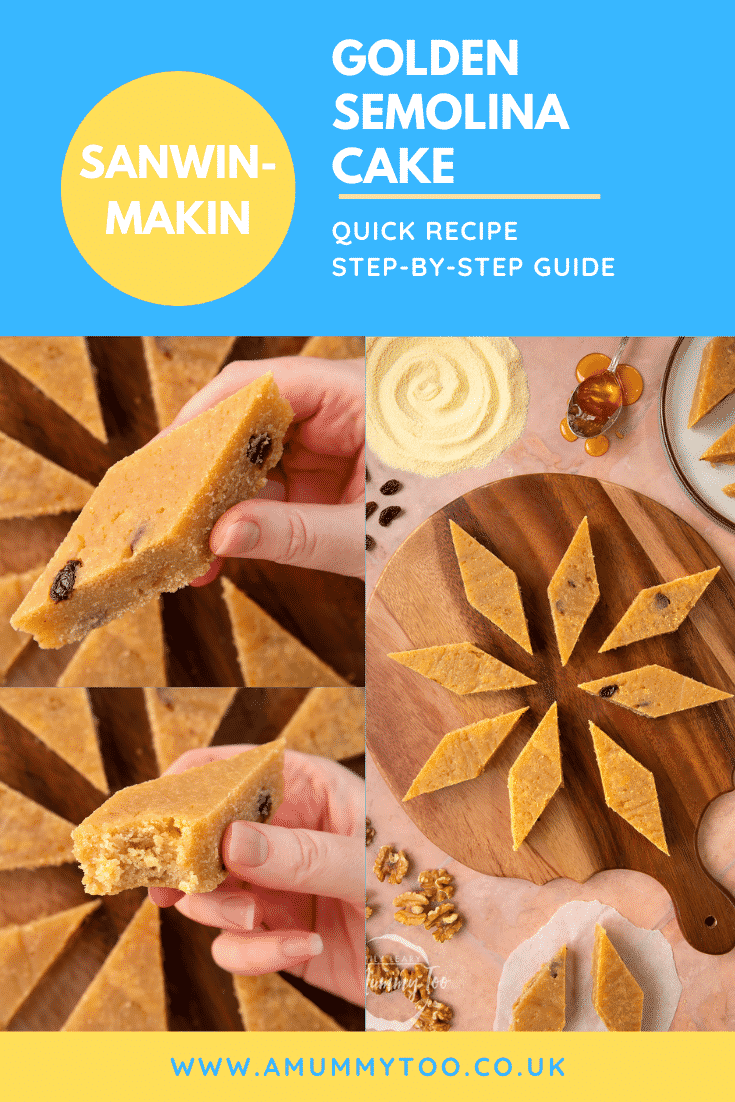 Collage of images as golden semolina cake on a wooden board. Caption reads: sanwin-makin golden semolina cake quick recipe step-by-step guide