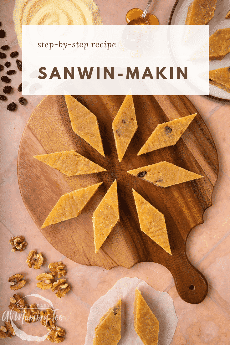 Golden semolina cake on a wooden board. Ingredients surround the board. Caption reads: step-by-step recipe sanwin-makin