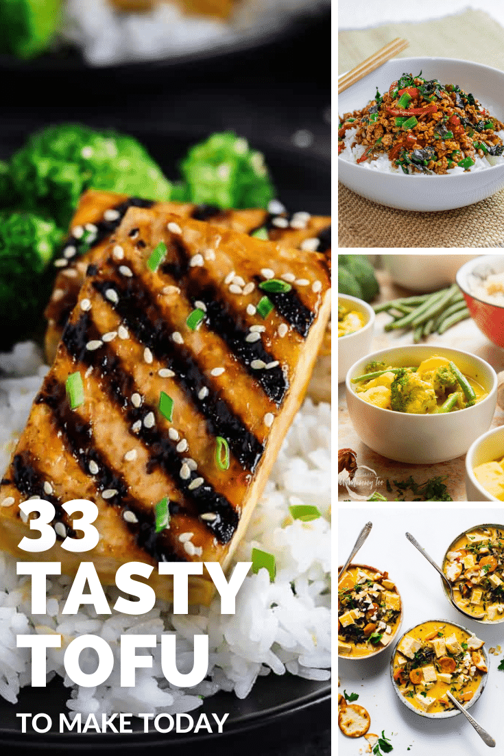 Collage of tofu recipes for beginners. Caption reads 33 tasty tofu recipes to make today