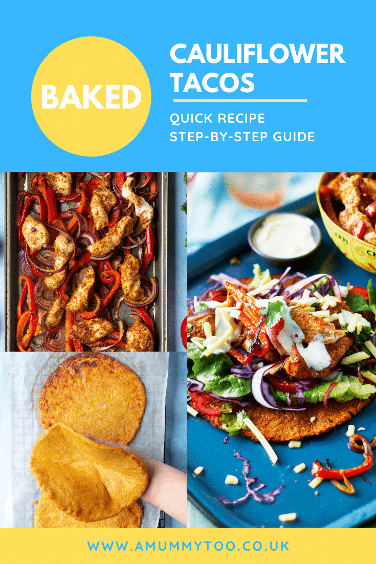 A collage of images showing cauliflower tacos with salad and chicken on a blue tray. The caption reads: Baked cauliflower tacos quick recipe step-by-step guide