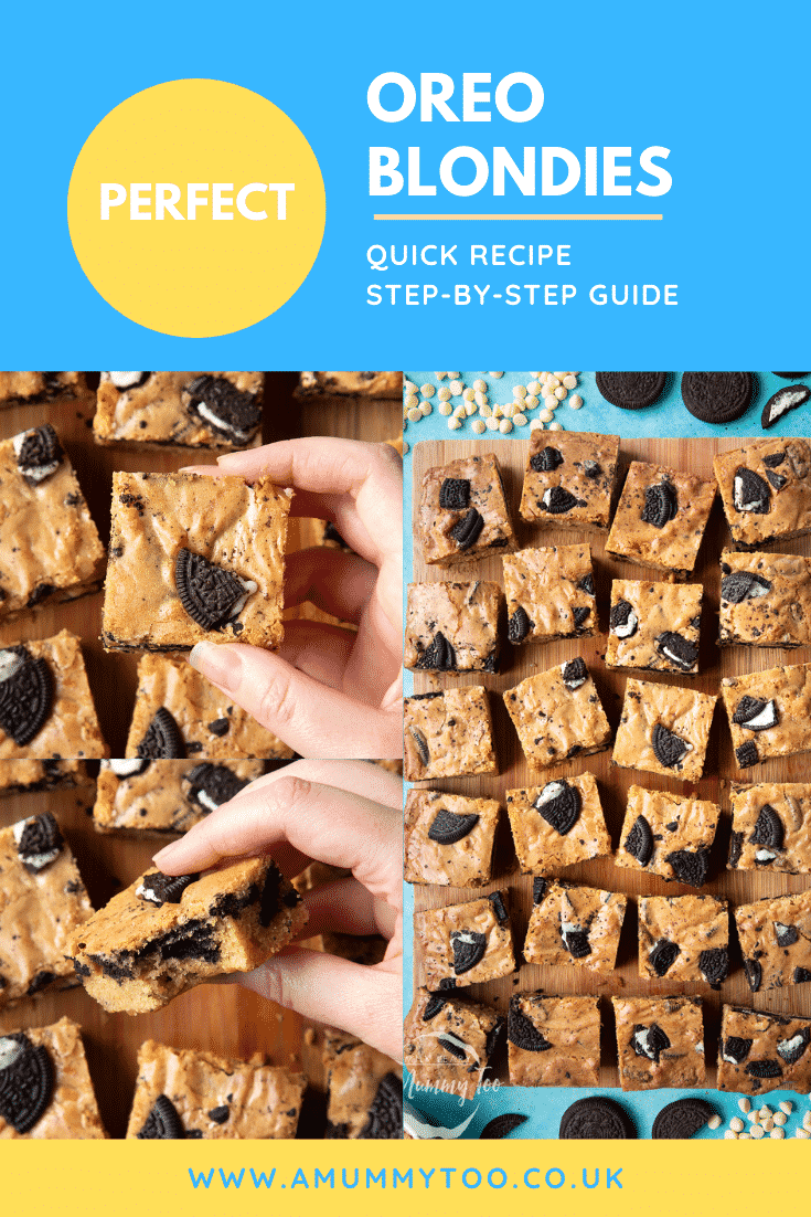 graphic text: PERFECT OREO BLONDIES QUICK RECIPE STEP BY STEP GUIDE with collage of Oreo Blondies on a wooden board