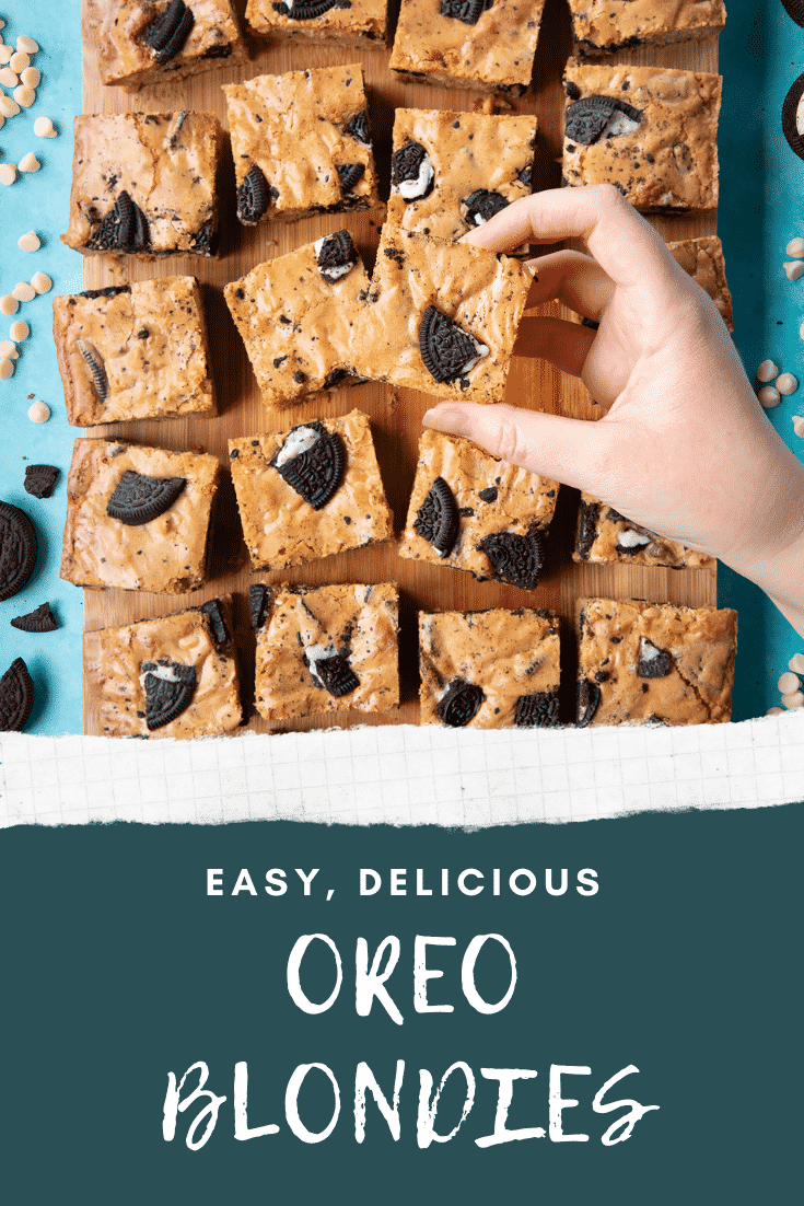 graphic text: OREO BLONDIES QUICK RECIPE STEP BY STEP GUIDE with overhead shot of square orea blondies on a wooden board