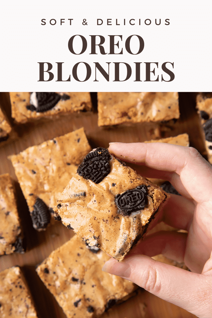 graphic text: OREO BLONDIES QUICK RECIPE STEP BY STEP GUIDE with overhead shot of square orea blondies on a wooden board