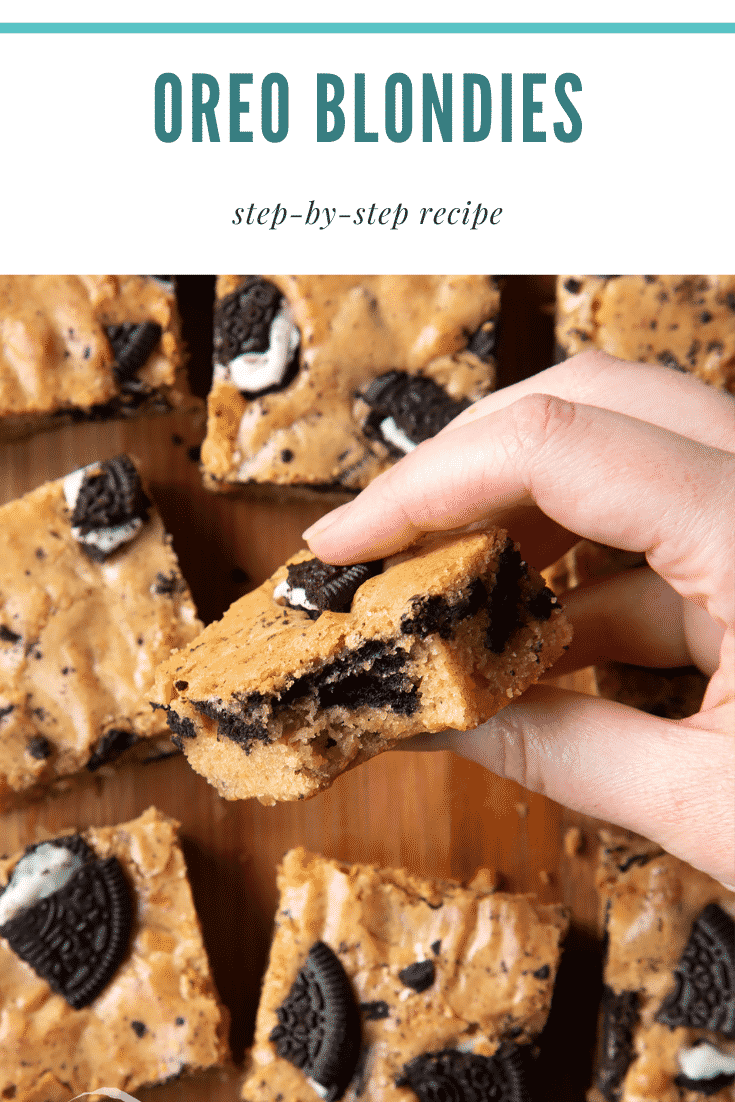 graphic text: OREO BLONDIES QUICK RECIPE STEP BY STEP GUIDE with overhead shot of square orea blondies on a wooden board