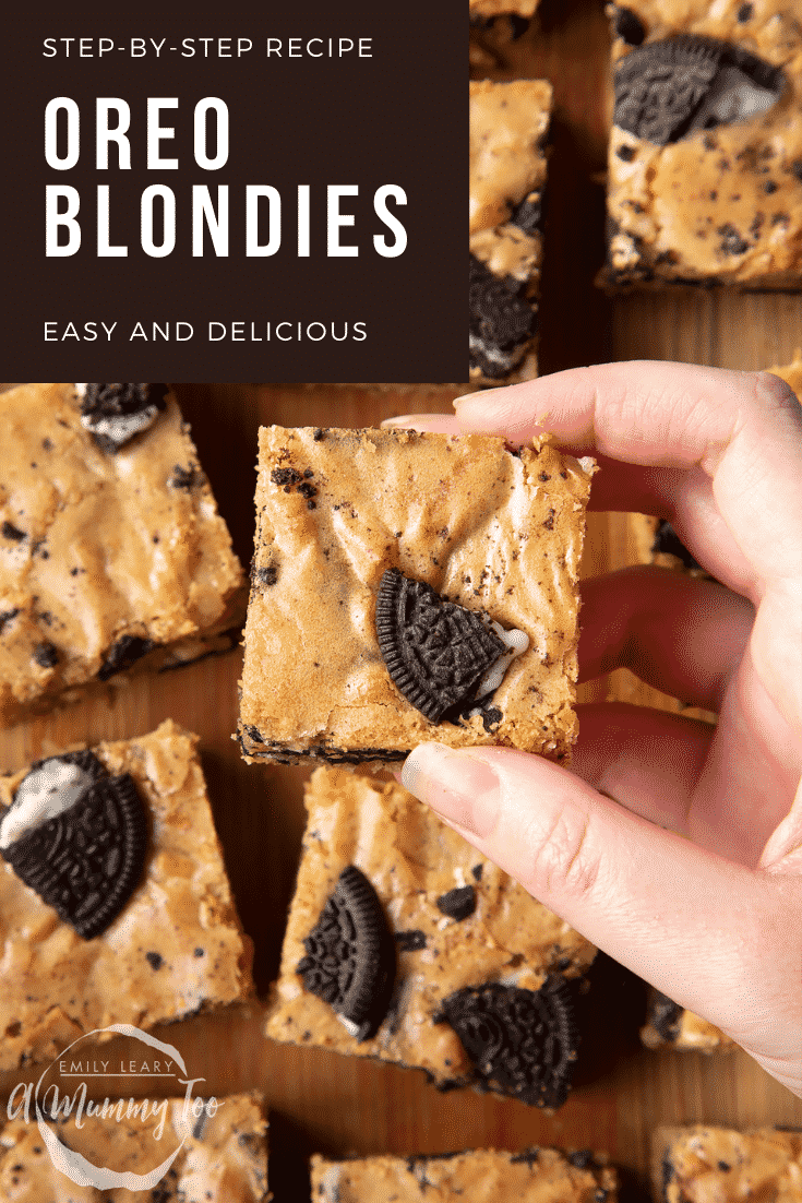 graphic text: OREO BLONDIES QUICK RECIPE STEP BY STEP GUIDE with overhead shot of square orea blondies on a wooden board