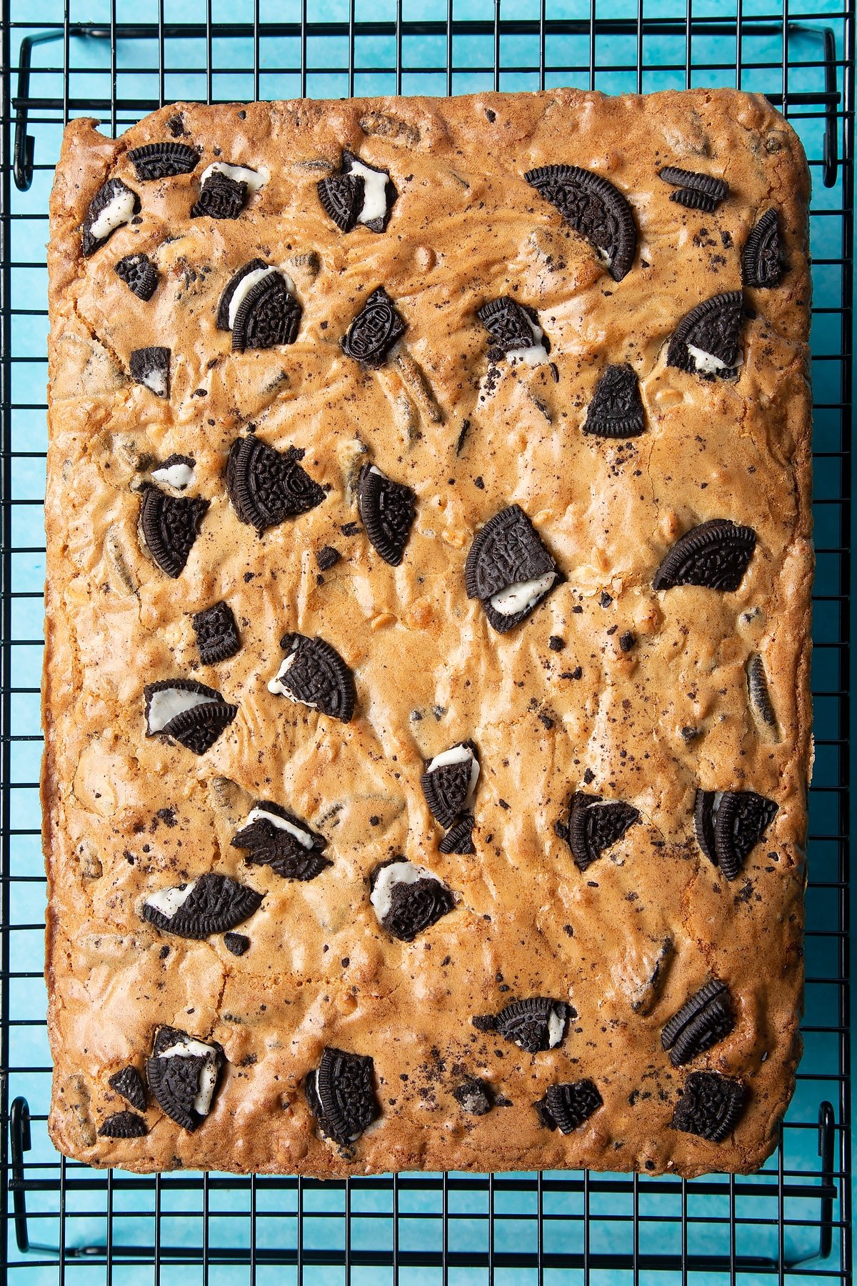 Overhead shot of baked Oreo Blondie on a wire rack