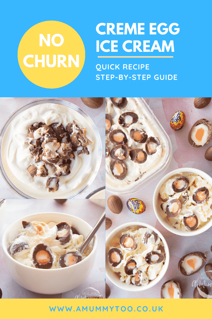 Collage of images of Creme Egg ice cream dished into two small white bowls. Caption reads: No churn Creme Egg ice cream quick recipe step-by-step guide