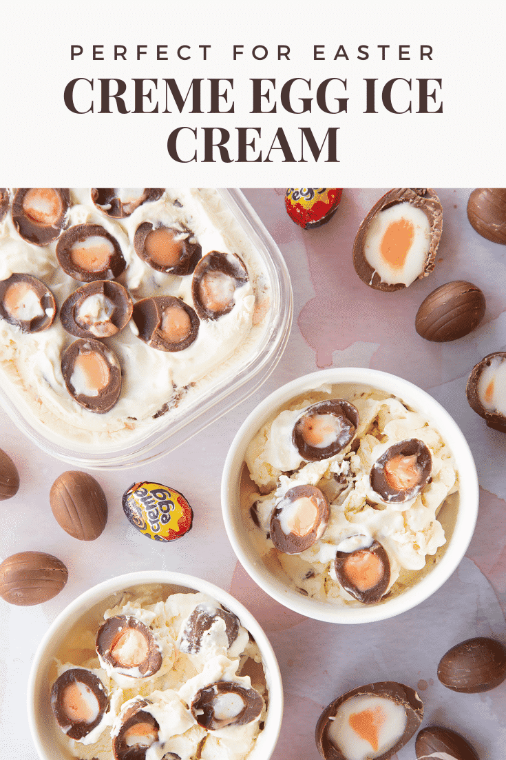 Creme Egg ice cream dished into two small white bowls. Caption reads: perfect for Easter Creme Egg ice cream 