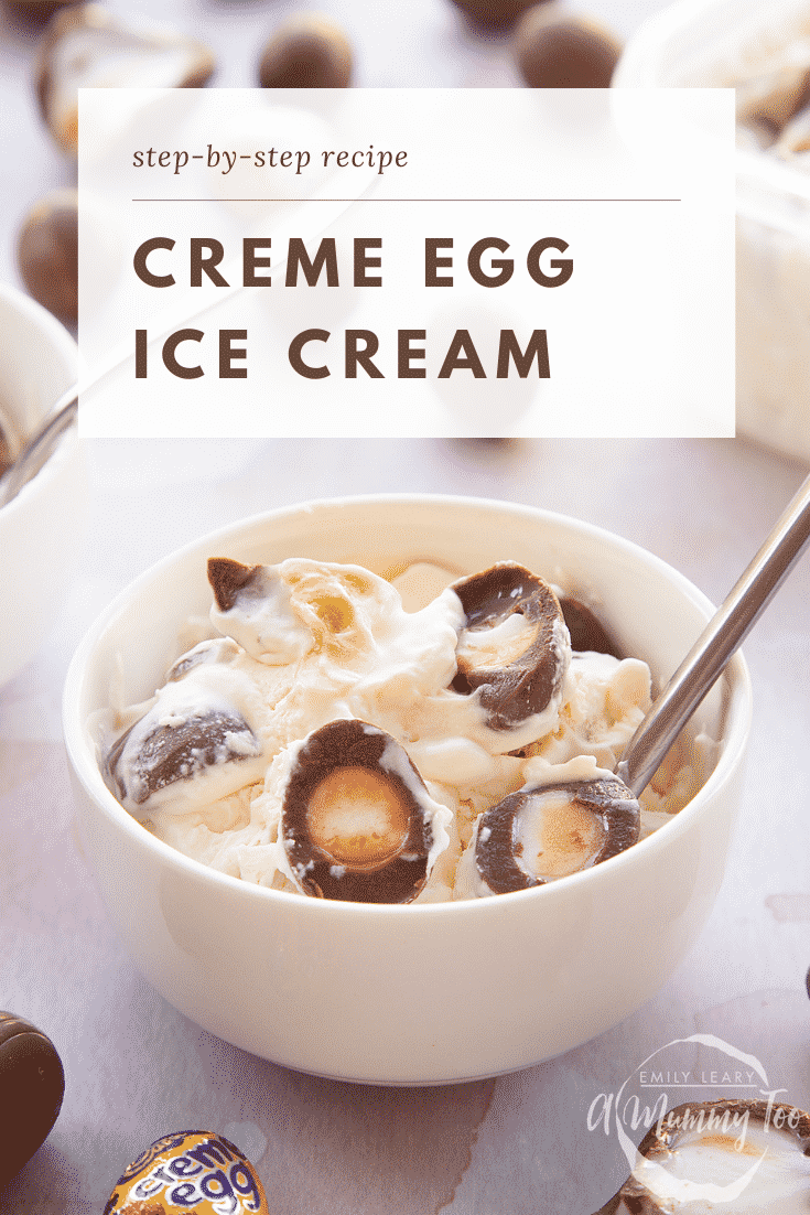 Creme Egg ice cream dished into a small white bowl. Caption reads: step-by-step recipe Creme Egg ice cream 