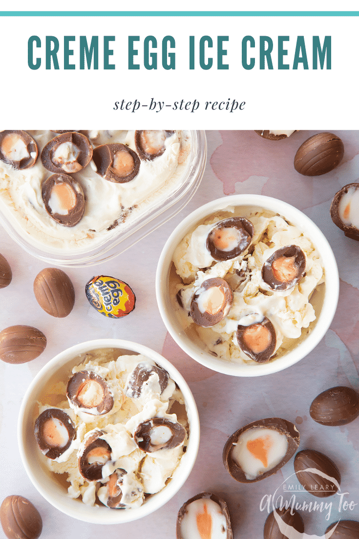 Creme Egg ice cream dished into two small white bowls. Caption reads: Creme Egg ice cream step-by-step recipe