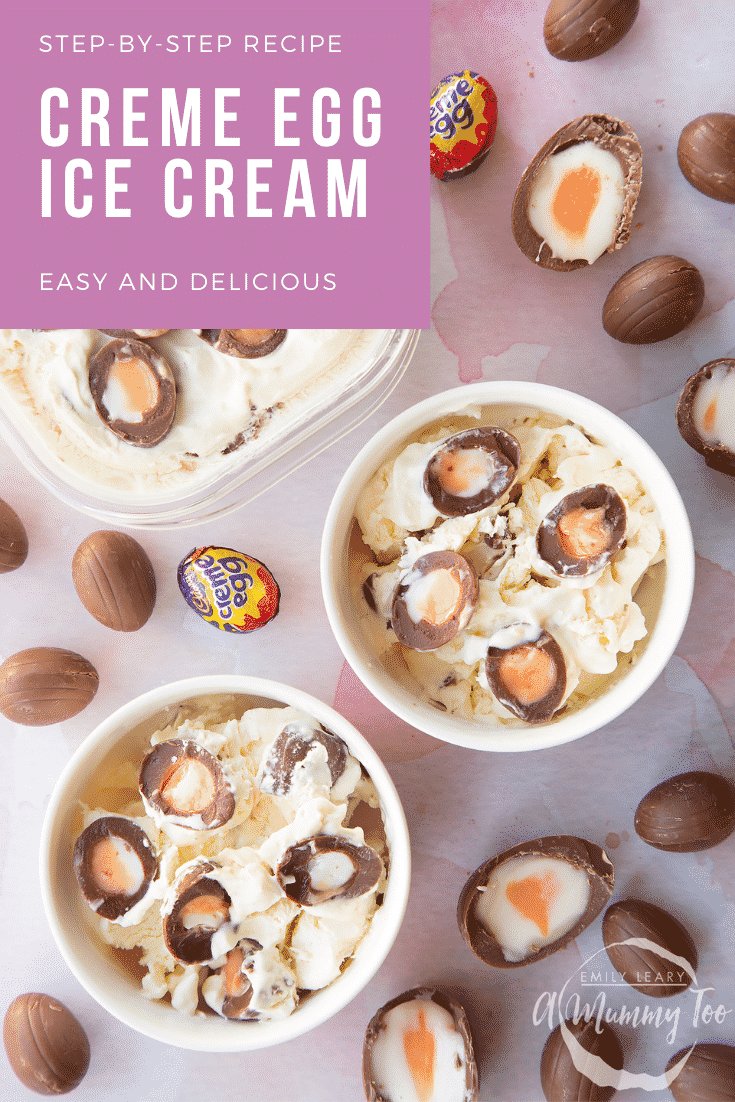 Creme Egg ice cream dished into two small white bowls. Caption reads: step-by-step recipe Creme Egg ice cream easy and delicious