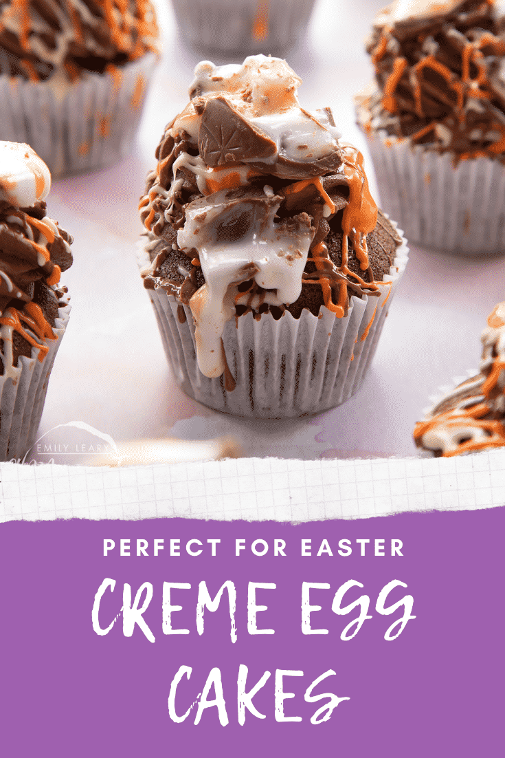 Cadbury Creme Egg cakes on a pink surface. Caption reads: Perfect for Easter Creme Egg cakes