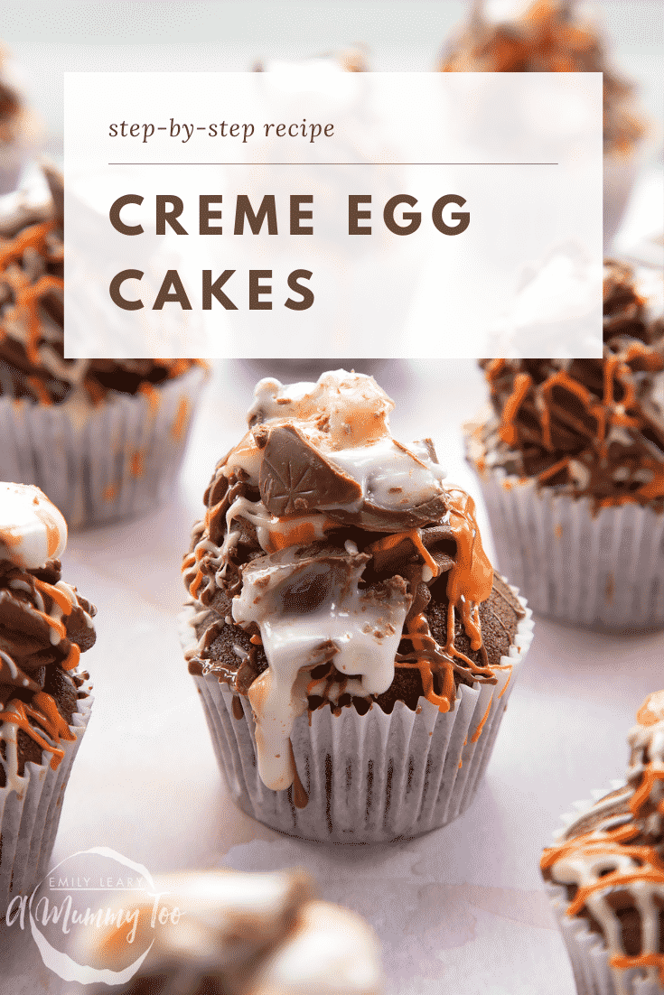 Cadbury Creme Egg cakes on a pink surface. Caption reads: Step-by-step recipe Creme Egg cakes