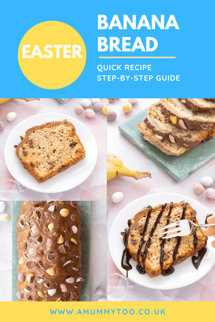 Collage of banana bread slices on a white plate or on a board. Caption reads: Easter banana bread quick recipe step-by-step guide