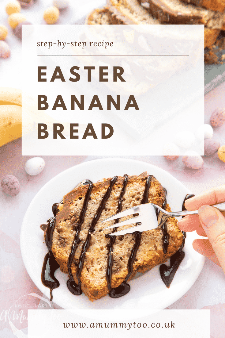 A slice of banana bread on a white plate with chocolate sauce. Caption reads: step-by-step recipe Easter banana bread