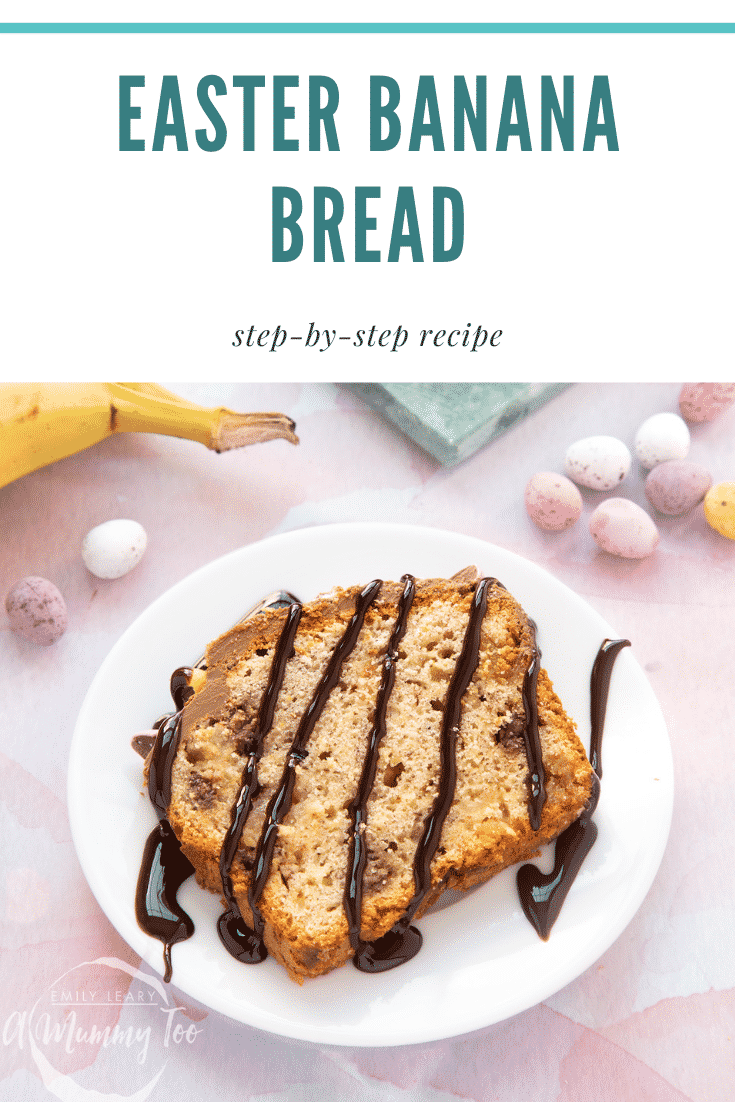 A slice of banana bread on a white plate with chocolate sauce. Caption reads: Easter banana bread step-by-step recipe