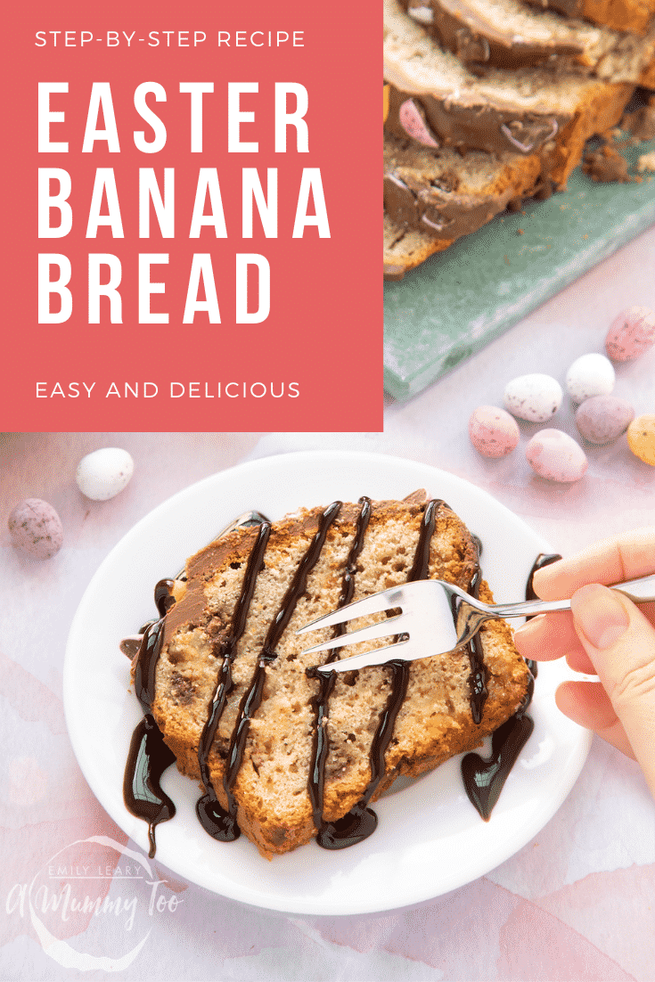 A slice of banana bread on a white plate with chocolate sauce. Caption reads: Step-by-step Easter banana bread easy and delicious
