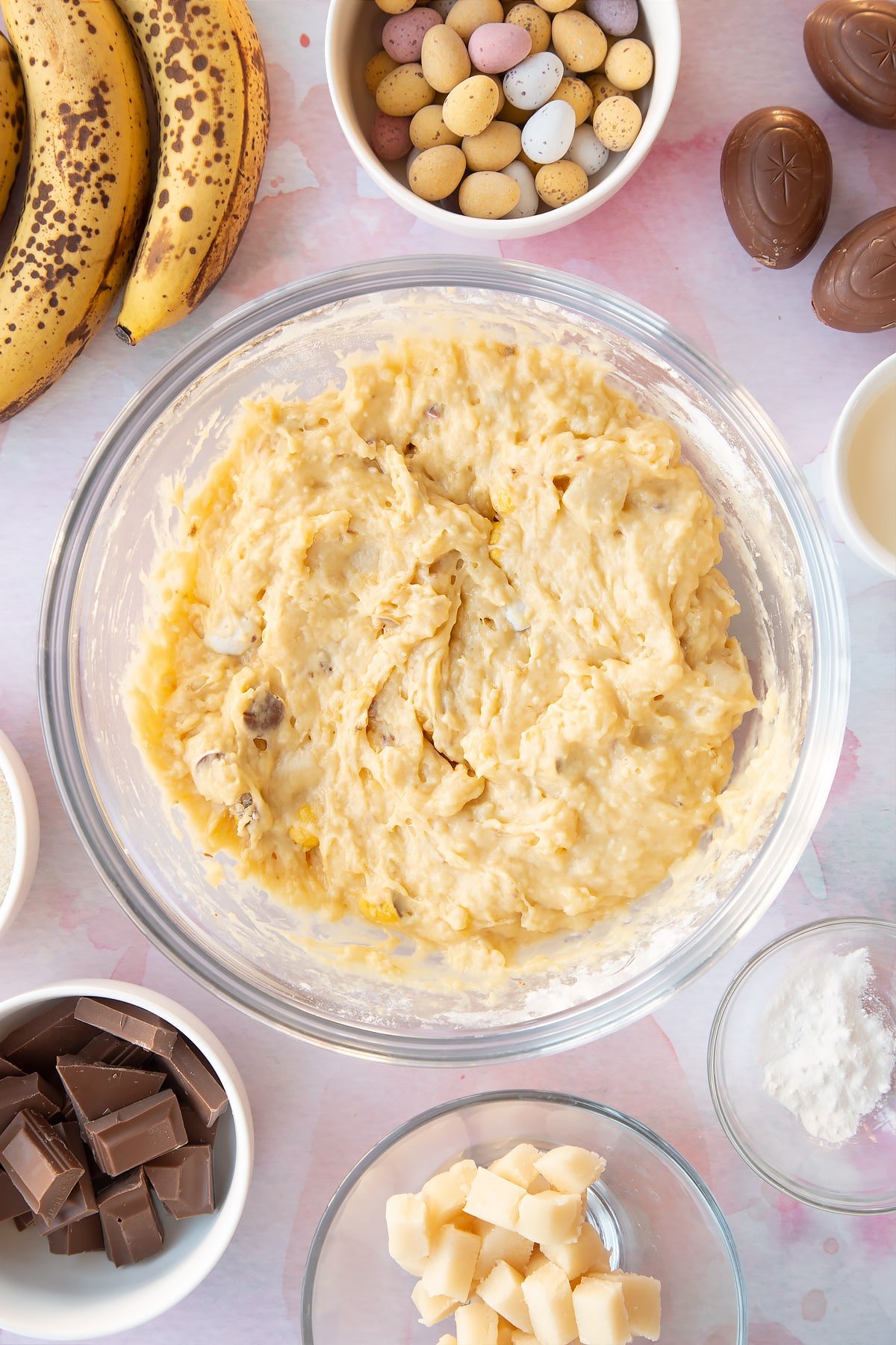 Easter banana bread batter in a mixing bowl.