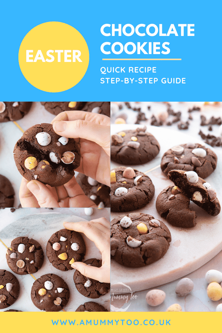 Collage of chocolate Easter cookies arranged on a round marble board. Caption reads: Easter chocolate cookies quick recipe step-by-step guide