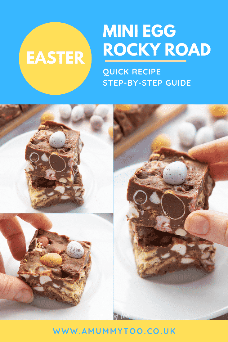 Collage of Mini Egg rocky road on a small white plate. Caption reads: Easter Mini Egg rocky road quick recipe step-by-step guide