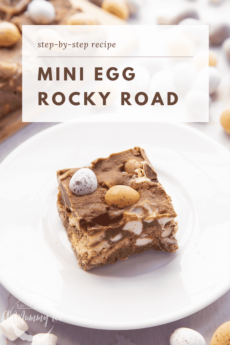 A piece of Mini Egg rocky road on a small white plate. Caption reads: Step-by-step recipe Mini Egg rocky road