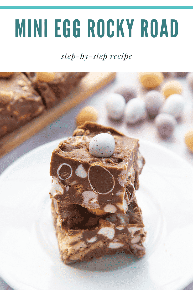 A piece of Mini Egg rocky road on a small white plate. Caption reads: Mini Egg rocky road step-by-step recipe