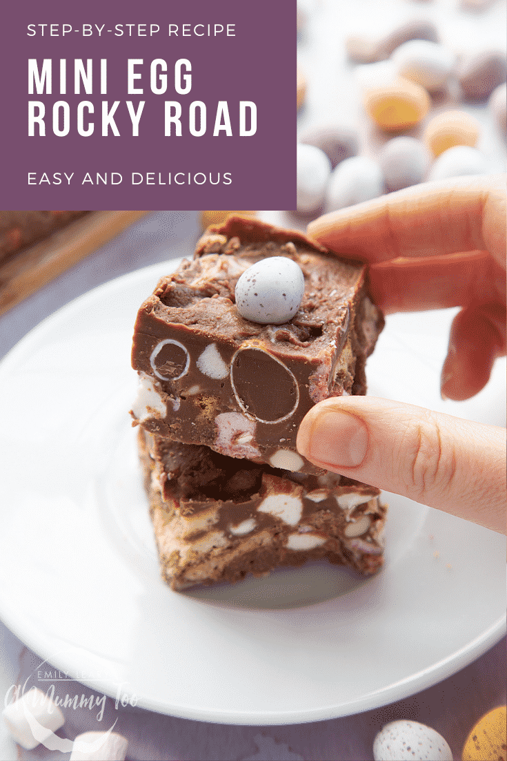 Two pieces of Mini Egg rocky road on a small white plate. A hand reaches for one. Caption reads: Step-by-step recipe Mini Egg rocky road easy and delicious