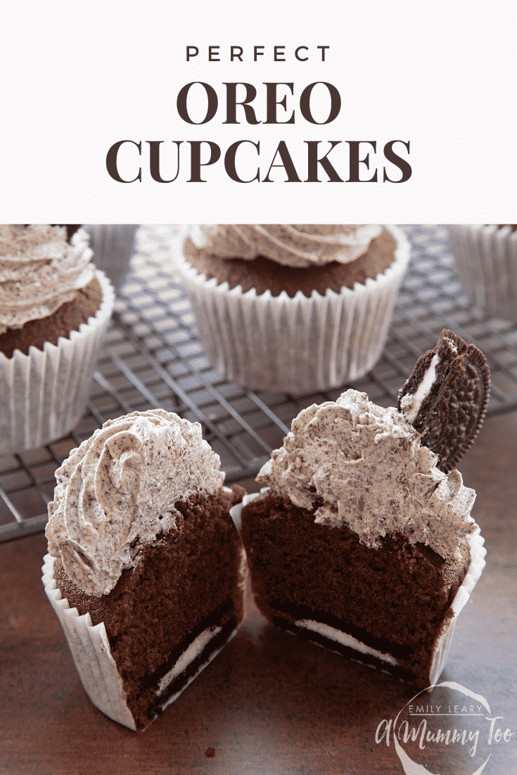 grpahic text: OREO CUPCAKES STEP BY STEP RECIPE above front view of  oreo buttercream topped cupcake cut in half