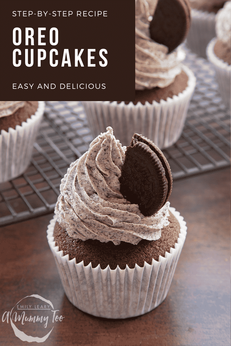 grpahic text: OREO CUPCAKES EASY AND DELICIOUS above front view of oreo buttercream topped cupcake