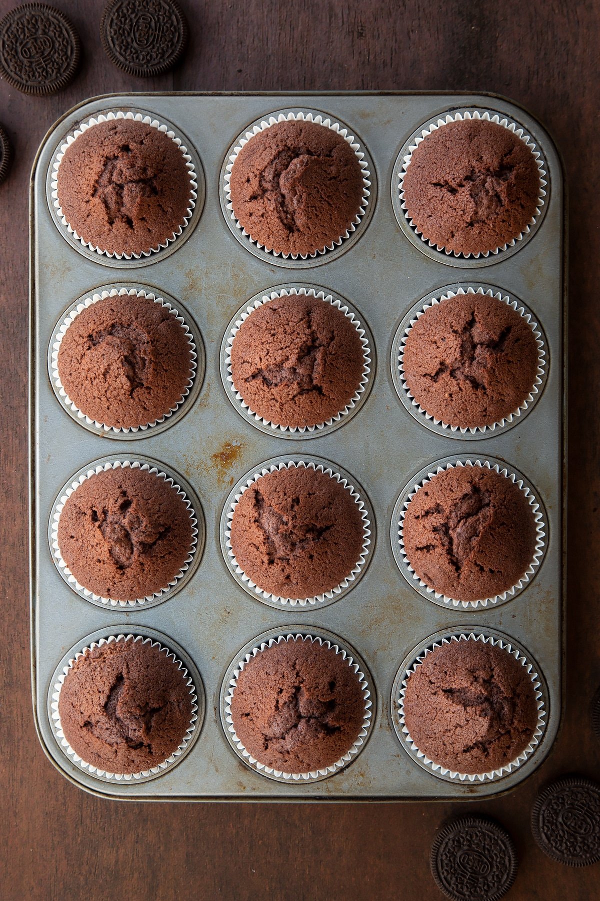 Overhead shot of baked chocolate cupcakes in a cupcake tray