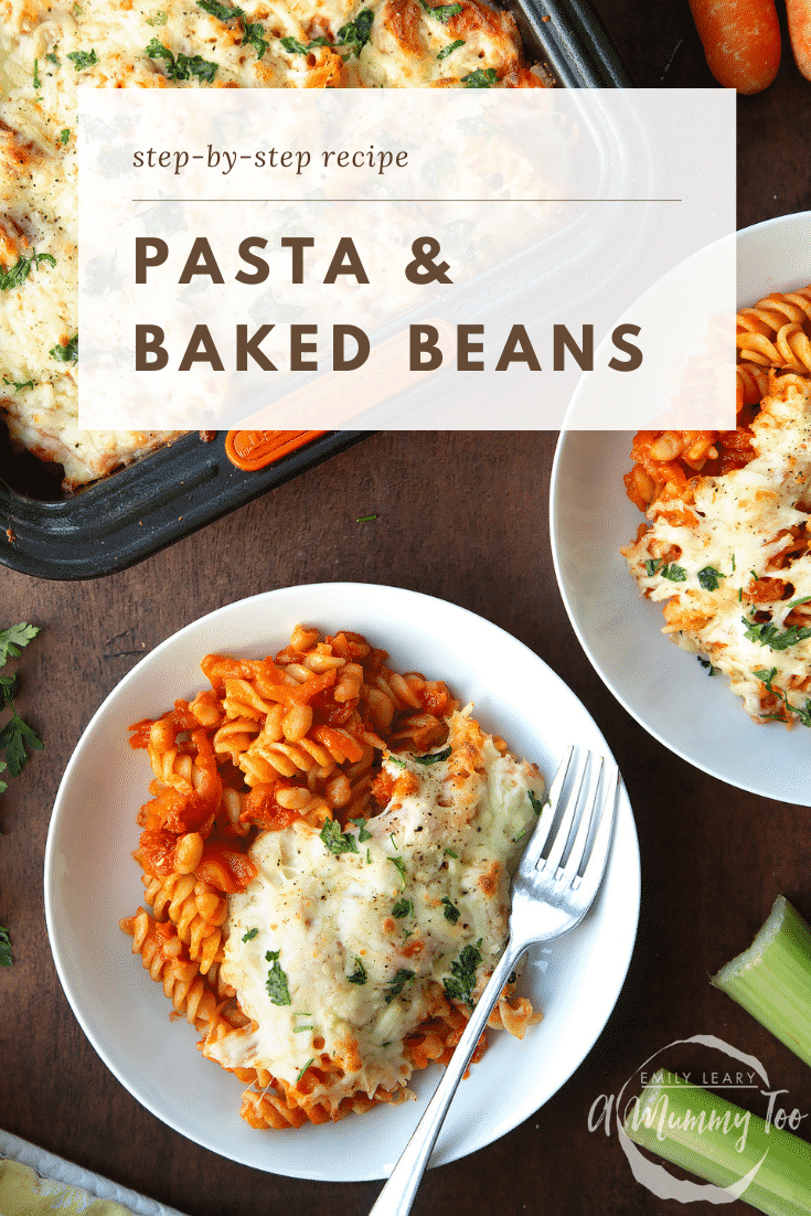 Pasta and baked beans served to white bowls with melted mozzarella. Caption reads: step-by-step recipe pasta & baked beans