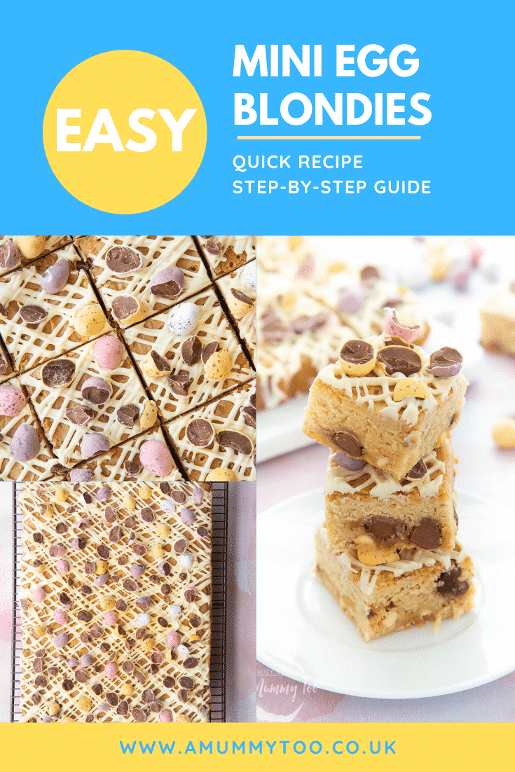 Collage of Mini Egg blondies on a white plate, board and cooling rack. Caption reads: Easy Mini Egg blondies quick recipe step-by-step guide