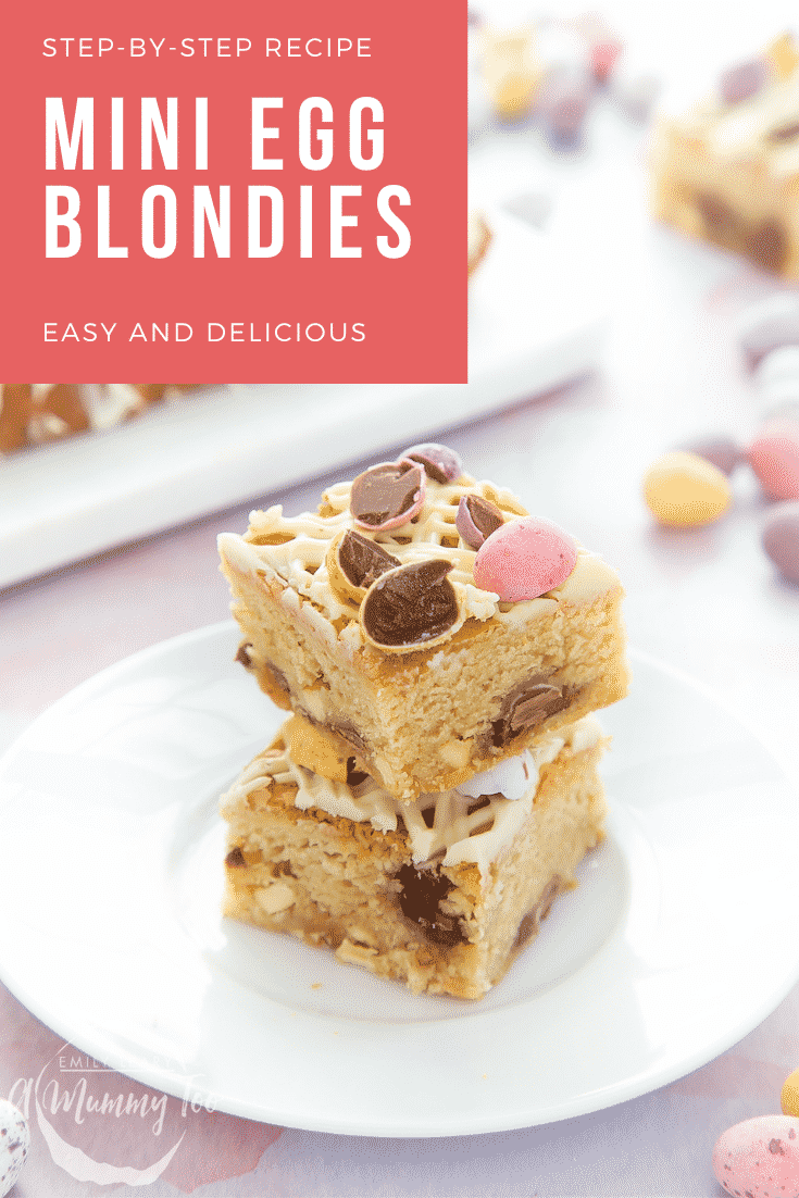 Two Mini Egg blondies on a white place. Caption reads: step-by-step recipe Mini Egg blondies easy and delicious