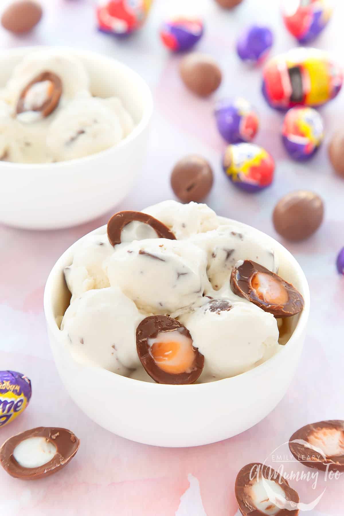 Creme Egg ice cream in a small white bowl. 