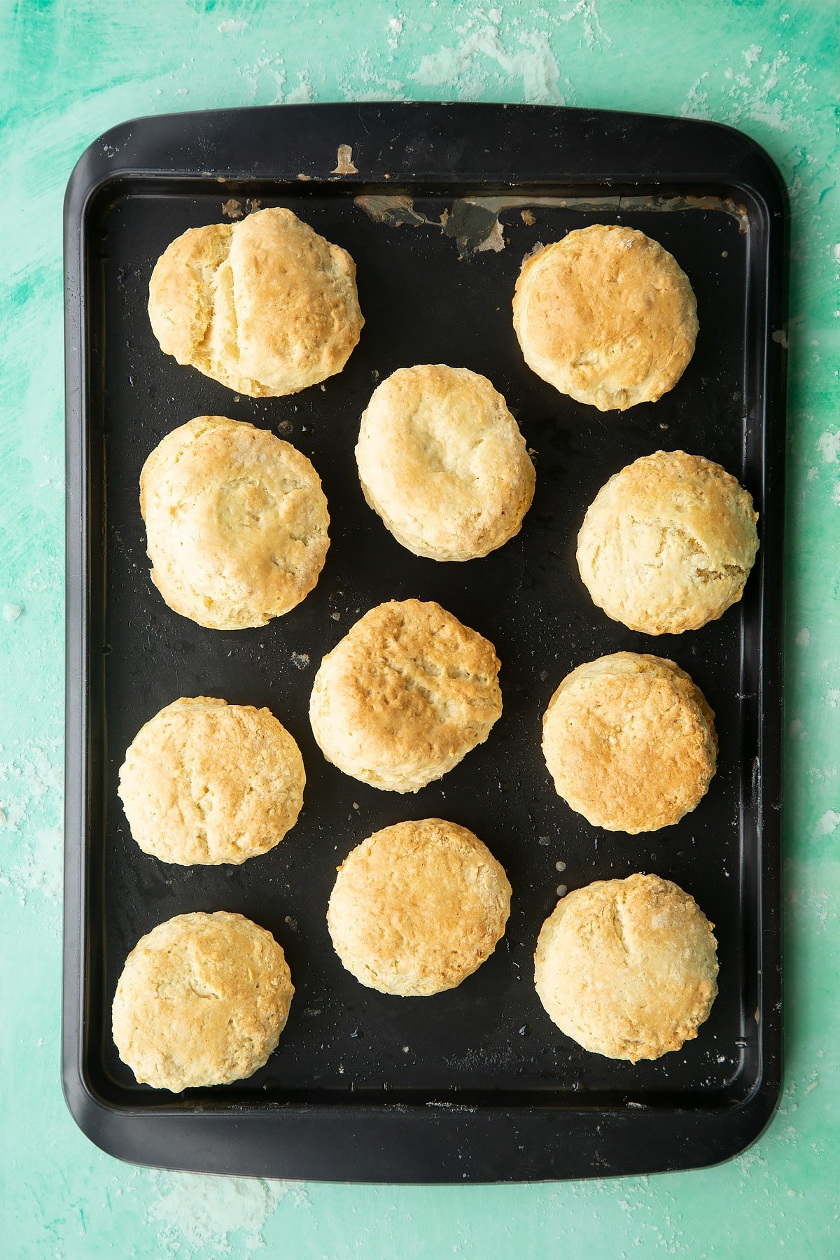 Baked dairy free scones on a baking sheet.