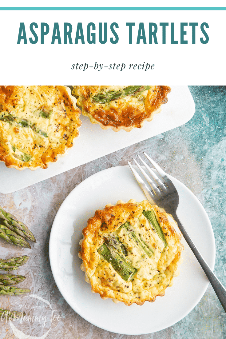 Asparagus tartlets on a white marble board and white plate. Caption reads: asparagus tartlets step-by-step recipe