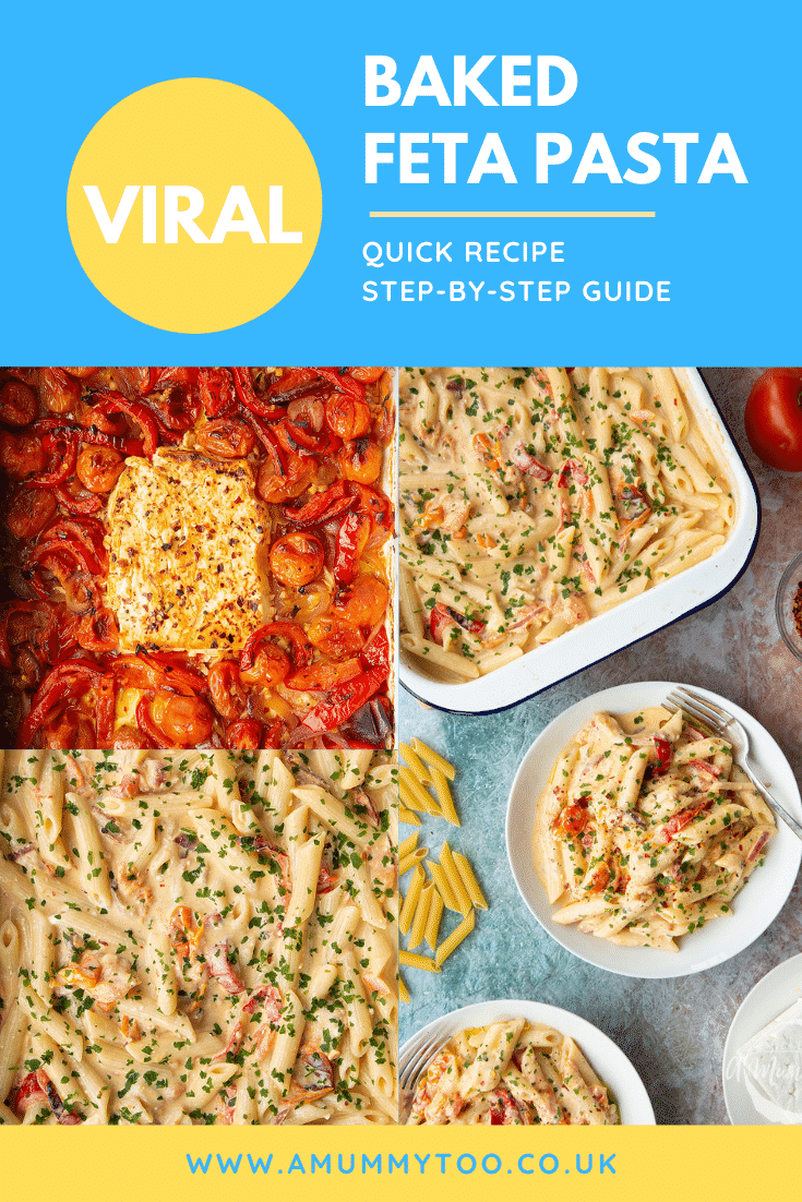 Collage of images showing the making of baked feta pasta, then served in a white bowl. Caption reads: viral baked feta pasta quick recipe step-by-step guide.