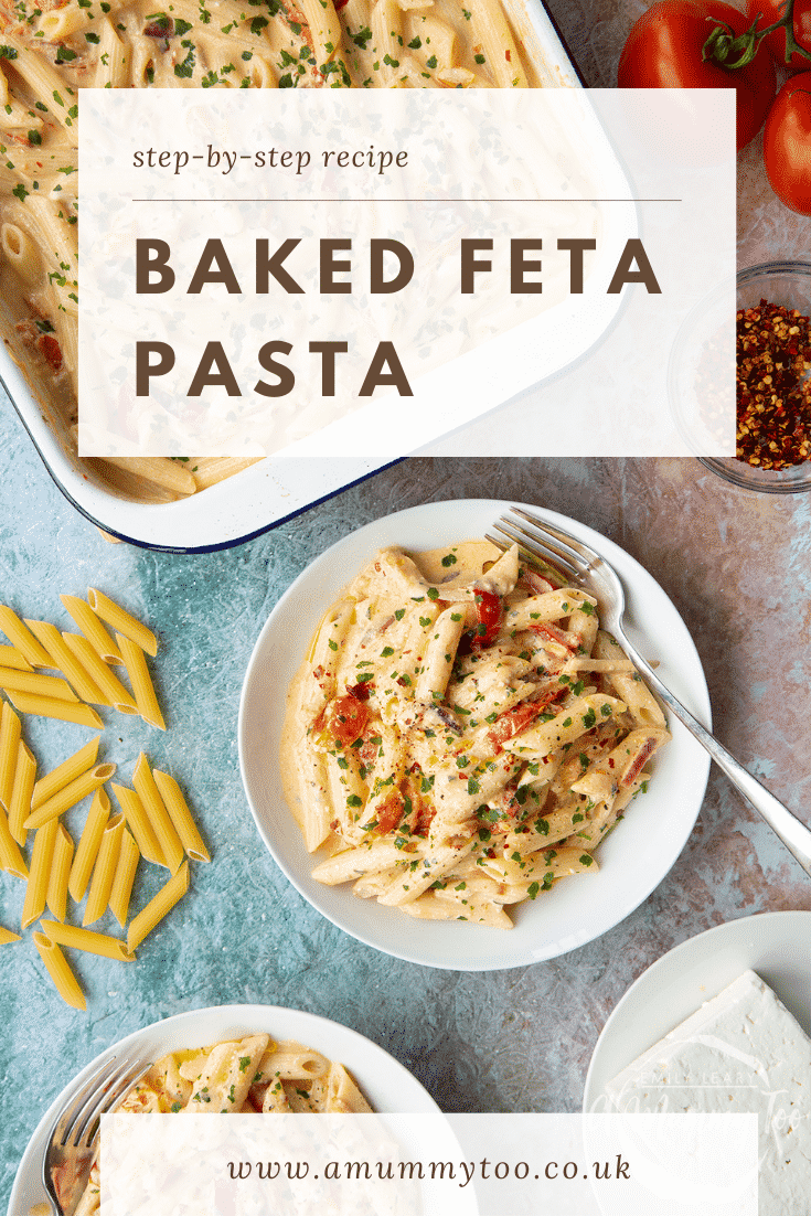 Baked feta pasta in a white bowl, garnished with parsley and chilli flakes. Caption reads: step-by-step recipe baked feta pasta.