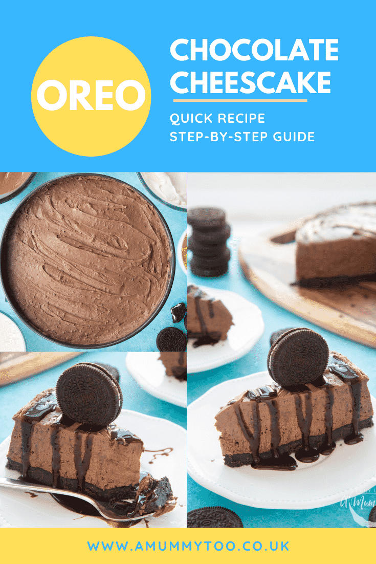graphic text CHOCOLATE OREO CHEESECAKE step-by-step recipe above Front view shot of a piece of chocolate oreo cheesecake on a white plate topped with an Oreo cookie