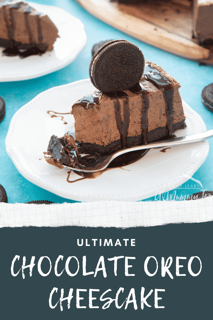 graphic text CHOCOLATE OREO CHEESECAKE step-by-step recipe above Front view shot of a piece of chocolate oreo cheesecake on a white plate topped with an Oreo cookie