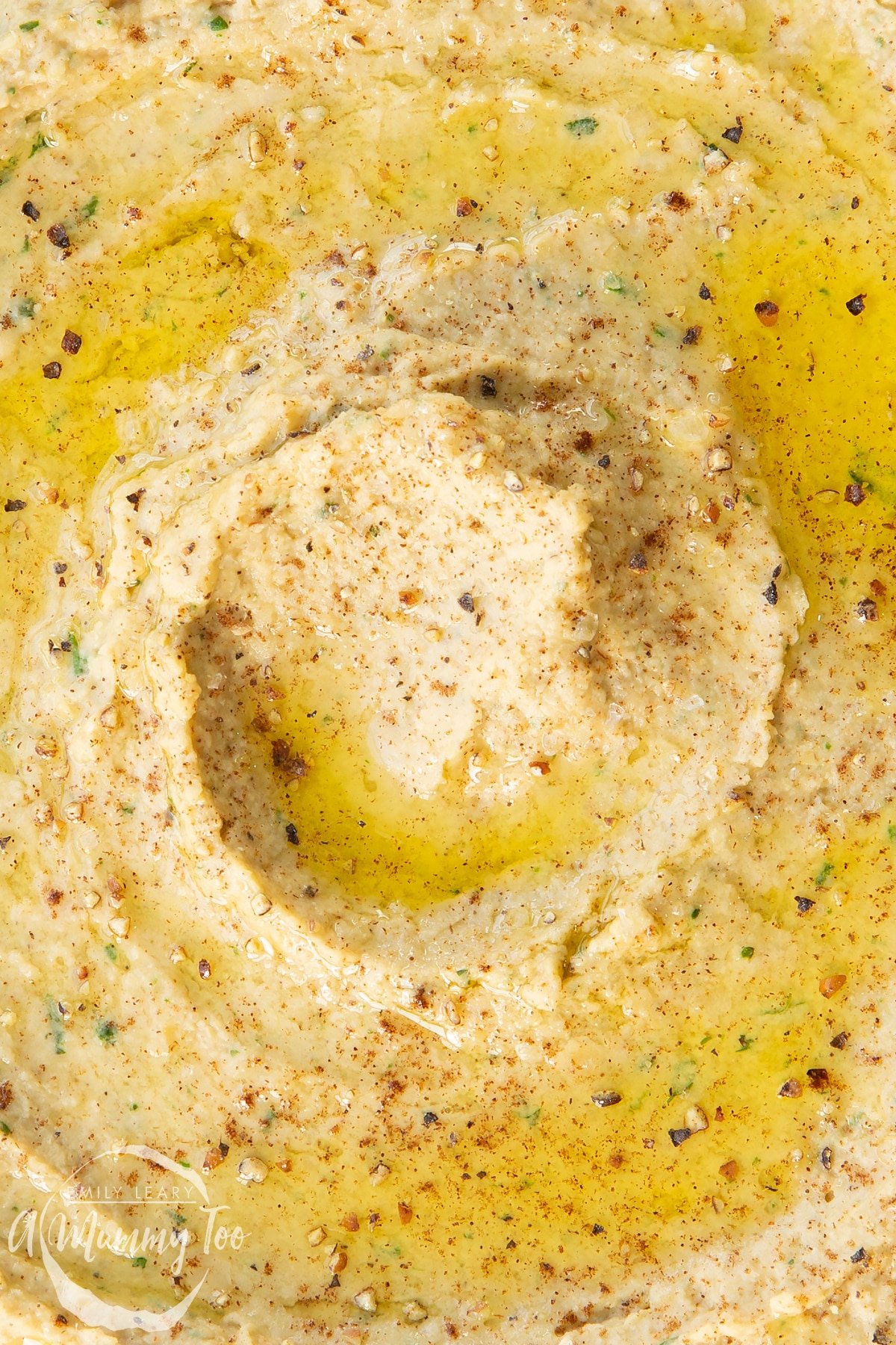 Close up of cinnamon hummus from above. It has been seasoned with cinnamon and olive oil
