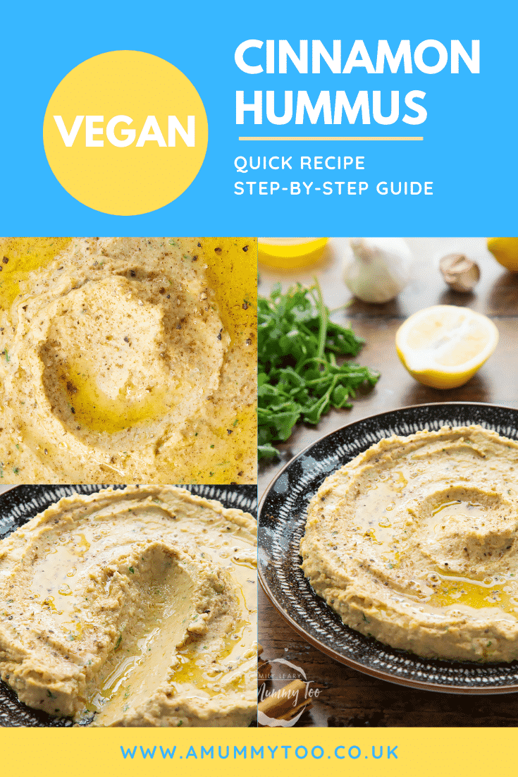 Collage of cinnamon hummus spread in a shallow black and white bowl. Caption reads: vegan cinnamon hummus quick recipe step-by-step guide